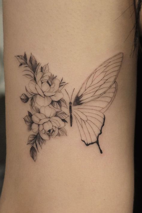 Angle Butterfly Tattoo, Wings With Flowers Tattoo, Floral Wings Tattoo, Flower Wings Tattoo, Half Butterfly Half Angel Wing Tattoo, Butterfly Tattoo With Flowers, Floral Butterfly Tattoo, Sarah Tattoo, Flower Tat