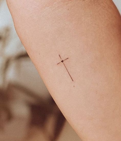 Subtle God Tattoo, Mini Tats Cross, Bonded Tattoo Ideas, Mini Cross Tattoos For Women, Tattoos With Christian Meaning, Cross Neck Tattoo For Women, Christian Tattoos Minimalist, Cross And Sun Tattoo, Cute Cross Tattoos For Women