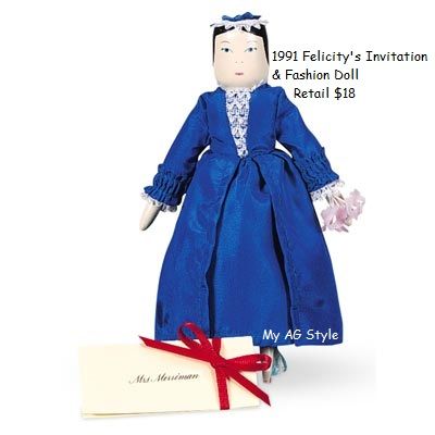 American Girl Doll Felicity's Fashion Doll Blue Eyes Black Hair, American Girl Catalog, American Girl Felicity, White Stockings, Pink Slippers, Eyes Black, The Invitation, All American Girl, Original Dolls