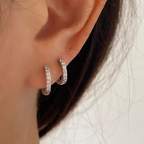 Sterling Silver Cubic Hoop Earrings, Dainty Sparkle Silver Hoops, Basic Simple Silver Hoops, Ear Stacking, Second Hoops, Everyday Earring by AnettJewellery on Etsy Silver Earring Stack, Double Lobe Piercing, Ear Stacking, Second Ear Piercing, Simple Silver Earrings, Lobe Piercing, Earrings Dainty, Jewelry Lookbook, Sterling Silver Hoop Earrings