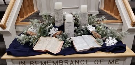 February Church Decorations, January Church Decorations, Church Decorations Ideas Altars, Winter Altar, Alter Table, January Decor, Church Pulpit, Communion Table, Lords Supper