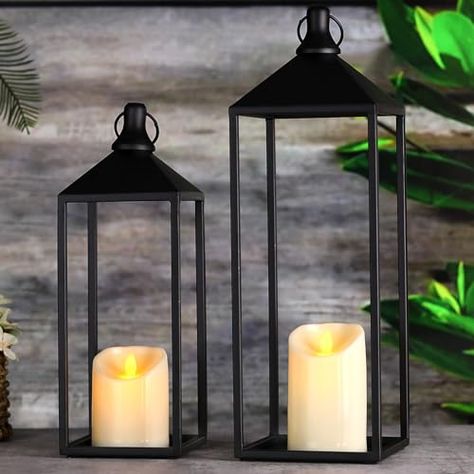 MATAHUM Modern Farmhouse Lantern Decor, 17" 13" Set of 2 Black Lantern with LED Pillar Candle, Decorative Lantern for Living Room, Home, Indoor, Outdoor, Garden, Patio Pool Entrance, Farmhouse Lantern Decor, Decorative Lanterns, Farmhouse Lantern, Candle Modern, Lantern Decor, Christmas Entryway, Entryway Table Decor, Yard Landscape