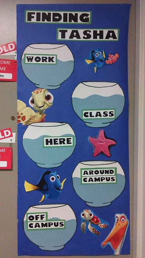 Where's your RA? Finding Nemo themed! Finding Nemo Classroom Ideas, Nemo Bulletin Board Ideas, Finding Nemo Classroom Theme, Finding Nemo Classroom, Ra Floor Themes, Ra Where Am I Board, Finding Nemo Door Decs, Resident Assistant Boards, Where’s My Ra Sign