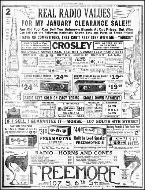 https://flic.kr/p/SJLcdY | Vintage Newspaper Advertising For 1920s Era Radios In The Minneapolis Minnesota Daily Star Newspaper, January 2, 1926 | Advertising from the Golden Age of Radio in the 1920s. Golden Age Of Radio Party, 1920s Newspaper, 1920 Newspaper, Vintage Newspaper Ads, Newspaper Advertising, Small Radio, English Newspapers, Radium Girls, Typography Magazine