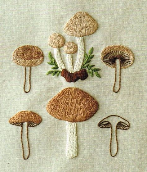 Embroidered Mushrooms, Embroidery Book, Pola Sulam, Japanese Embroidery, Simple Embroidery, Embroidery Patterns Free, Sewing Embroidery Designs, Silk Ribbon Embroidery, 자수 디자인