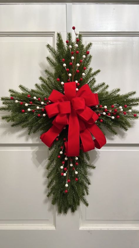 Cross Wreath With Evergreen and a Bow. Cemetery Wreath, Church Cross, Front Door Wreath, Nursing Home Wreath, I Can Change the Bow Color. - Etsy Christian Wreaths, Christmas Crosses, Cemetery Wedding, Cross Wreaths, Christian Wreath, Gravesite Decorations, Home Wreath, Grave Flowers, Cemetery Decorations