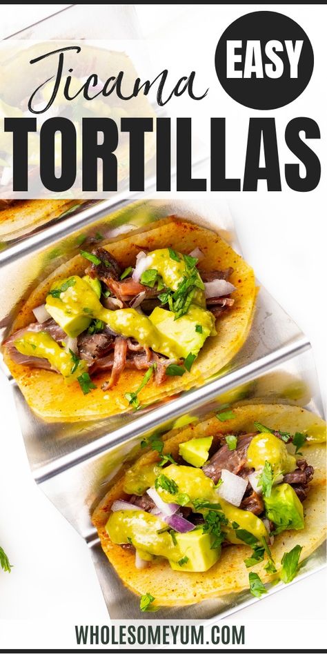 Jicama Tortillas Jicama Tacos Recipes, Recipes With Jicama, Jicama Tacos, Jicama Wraps Recipe, Jicama Wraps, Recipes For Jicama, Jicama Recipes, Roasted Jicama, Paleo Mediterranean Diet