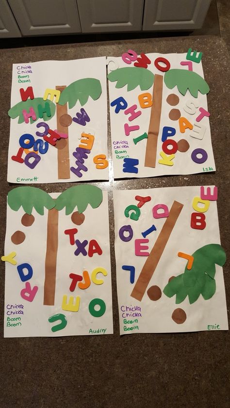 Boom Chicka Boom Craft, Perfect Preschool Classroom Layout, Alphabet Tree Preschool, Abc 123 Preschool Theme, Abc Theme Preschool Activities, Toddler Language And Literacy Activities, Teacher Preschool Craft, Chicka Chicka Boom Boom Preschool Activities, Hawaii Activities For Toddlers