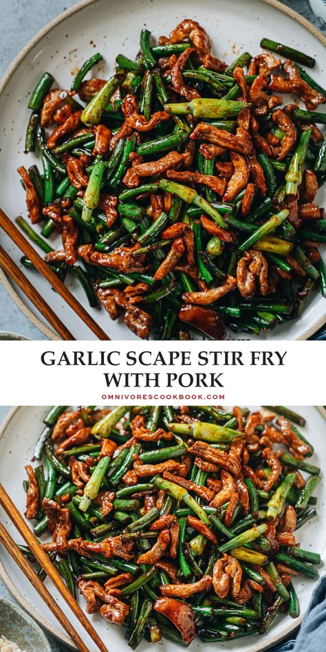 Garlic scape stir fry with pork is a Chinese homestyle dish that helps you incorporate garlic scapes into your weekday dinner. The crisp garlic scapes are cooked with tender pork in a brown sauce that’s just enough to coat the ingredients. It’s fragrant, rich, and comforting, making it a hearty main dish over steamed rice. {Gluten-Free Adaptable} Stir Fry With Pork, How To Cook Garlic, Chives Recipe, Garlic Scapes, Green Garlic, Chinese Recipe, Pork Stir Fry, Weekday Dinner, Garlic Chives