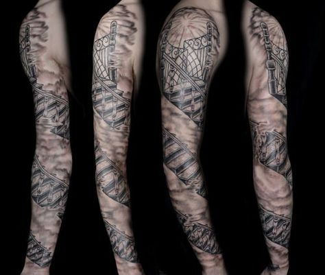 Sleeve Arm Tattoo, Staircase Tattoo, Stairway To Heaven Tattoo, Arm Tattoo Designs, Around Arm Tattoo, Heaven Tattoos, Artist Tattoo, Iron Balusters, Stair Case