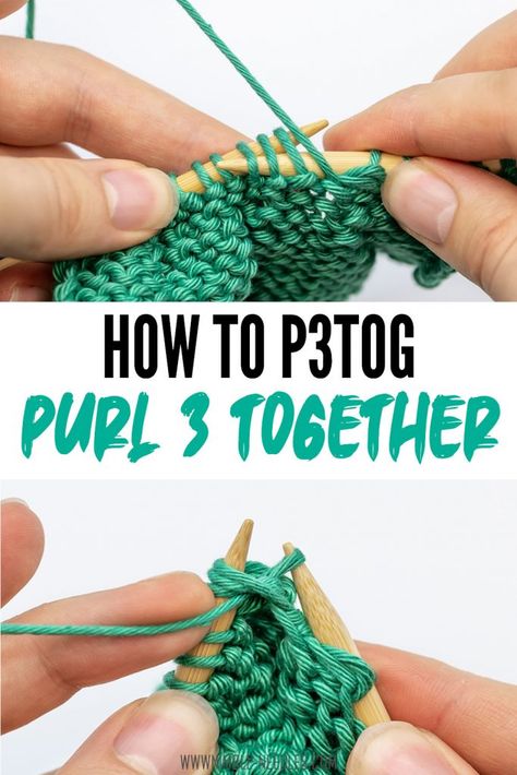 How to p3tog. A step by step tutorial on how to purl three together. A left-slanting fast decrease used for purl stitches | Learn how to knit | knitting beginners | knitting decreases | knitting stitches | Knitting patterns  #knitting #knit #diy #crafts #yarn How To Purl, Advanced Knitting Techniques, Knitting Hacks, Knitting Diy, Knitting Basics, Knitting Tutorials, Craft Knitting, Linen Stitch, Knitting Instructions