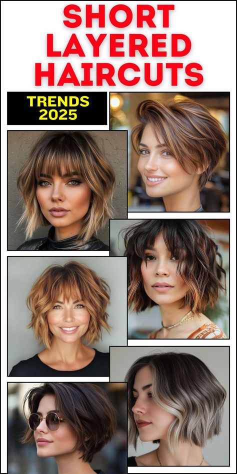 Step up your hairstyle game with 20 short layered haircuts for 2025, tailored for thick, fine, or straight hair. These ideas feature shoulder-length cuts for round faces, medium layers with bangs, and chin-length tomboy styles. Perfect for older women or younger trendsetters, these haircuts include Y2K goth aesthetics, French vintage inspiration, and K-pop trends. These haircuts are versatile and chic, ensuring a look that matches every occasion and season. Medium Layers With Bangs, Shoulder Length Curtain Bangs, Layers With Bangs, Cuts For Round Faces, Medium Layers, Layered Haircuts For Women, Chin Length, Medium Layered, Short Layers