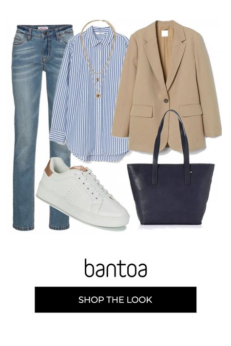 Outfits Con Jeans Azules, Outfits Con Jeans Azul Claro, Camisa Jeans Outfit Mujer, Saco Beige Mujer Outfit, Blue Striped Shirt Outfit Work, Blazer Celeste Outfits Mujer, Outfit Blazer Azul Marino, Outfits Camisa Azul, Blazer Beige Outfit Mujer