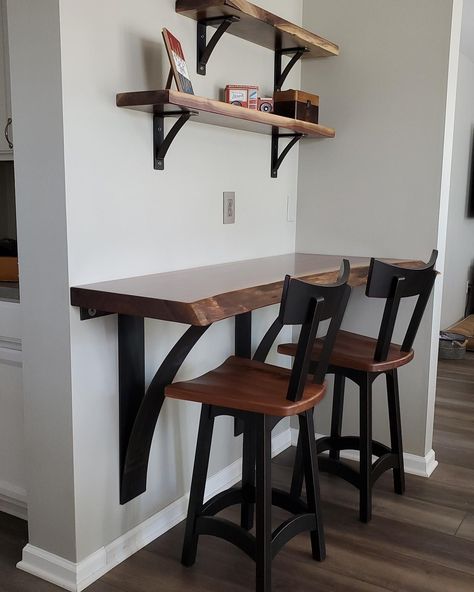 Raise your hand if you want a built-in bar in your home! ⁠⁠ ⁠⁠ Loving how this custom live edge bar and shelving turned out in our customer's home. It adds so much character and purpose to this nook in the kitchen Double tap if you agree!⁠⁠ Live Edge Bar, Reclaimed Wood Bars, Bar Counter Design, Live Edge Shelves, Built In Bar, Rustic Bar, Counter Design, Raise Your Hand If, Live Edge Wood