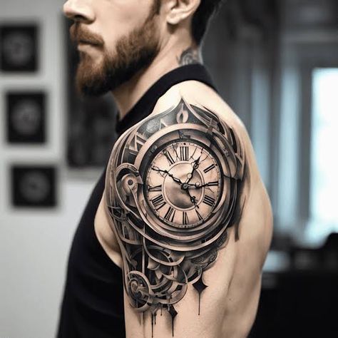 Old Clock Tattoo Design, Clock Meaning, Old Clock Tattoo, Symbolism Tattoo, Time Clock Tattoo, Tattoo Clock, Tattoo Bicep, Tattoo Symbolism, Tattoo Mens