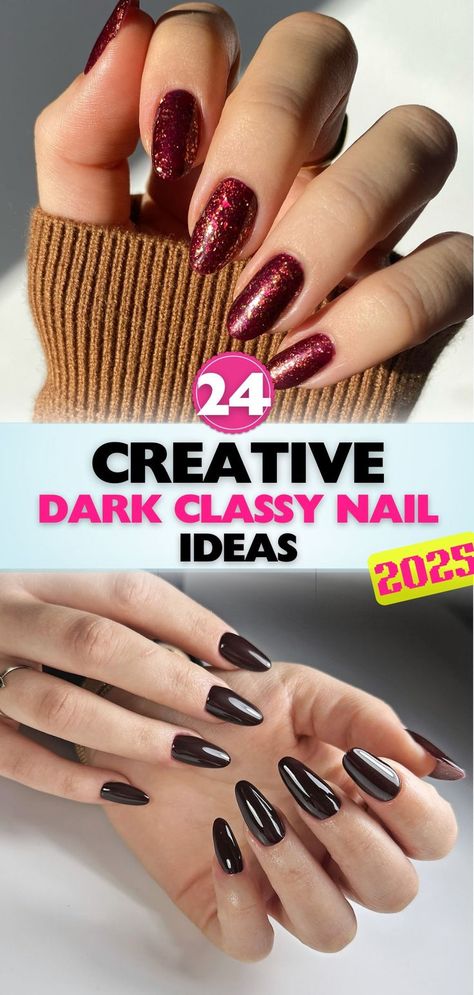 Achieve a polished and sophisticated style with dark classy nails. Ideal for women seeking bold yet timeless designs to complement their wardrobe. Dark And Moody Nails, Elegant Dark Nails, Dark Neutral Nails, Dark Winter Nail Designs, Moody Manicure, Dark Moody Nails, Dark Holiday Nails, Moody Nails, Dark Winter Nails