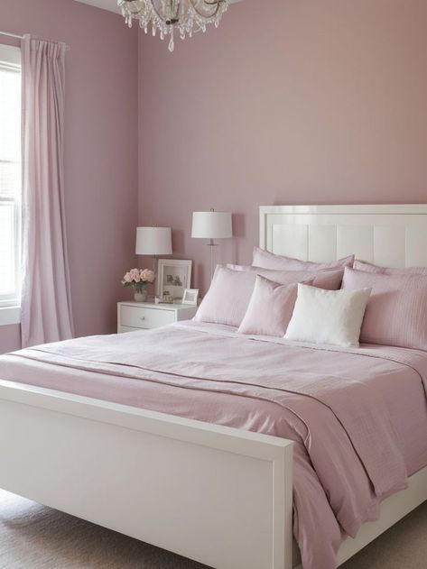 Create a stunning bedroom with a mauve pink accent wall as the focal point. Complement it with a sleek white bedframe and pastel-hued bedding for a dreamy and sophisticated atmosphere. Mauve Pink Accent Wall, Light Pink Accent Wall, Room Colour Ideas Bedroom, Pink Accent Wall Bedroom, Pink Walls Bedroom, Rose Pink Wall, Pink Accent Wall, Room Color Ideas Bedroom, Pink Accent Walls