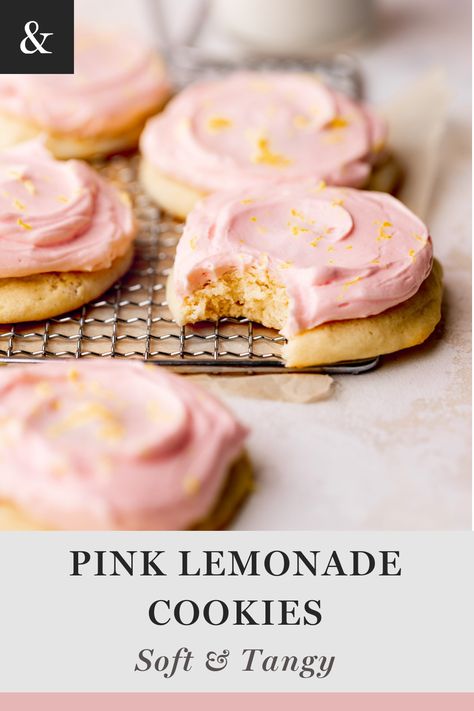 Pink Lemonade Frosting, Pink Lemonade Cookies, Lemonade Cookies, Large Cookies, Frosted Lemonade, Pink Cookies, Baking Blog, Cookie Frosting, Plain Greek Yogurt