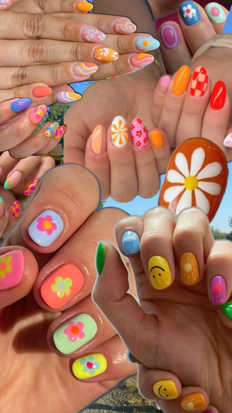 Granola Girl Nails Summer, Happy Nail Art, Groovy Summer Nails, Hippy Flower Nails, Turkish Eye Nails, Vibey Nails, Rainbow Gel Nails, Nails Peace Sign, Retro Flower Nail Art