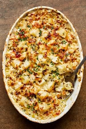 Cauliflower Au Gratin | The Modern Proper Easy Cheesy Cauliflower, Leek Gratin, Gratin Recipes, Cauliflower Au Gratin, Sweet Potato Casserole Healthy, Potatoes Dauphinoise, Gratin Potatoes, Au Gratin Recipes, Parmesan Cheese Potatoes