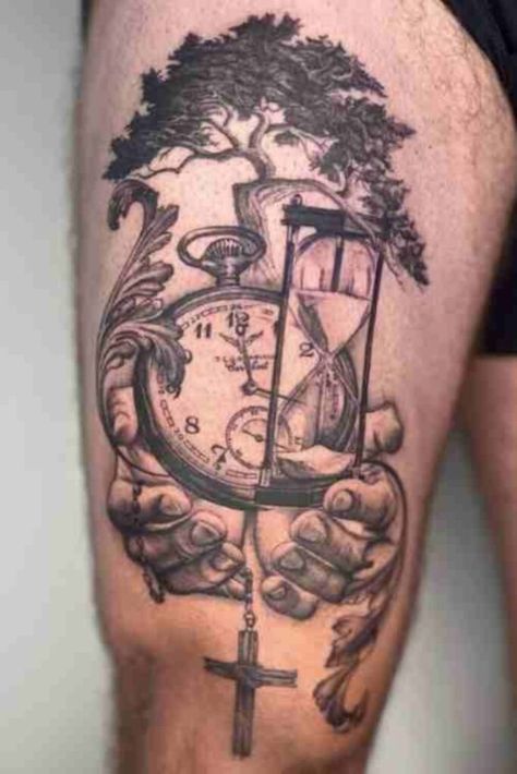 Cross And Clock Tattoo, Colorful Clock Tattoo, Time Passing Tattoo, Borrowed Time Tattoo, Time Is Limited Tattoos, Time Is Precious Tattoo, Knee Cap Tattoo Ideas, Calendar Tattoo Design, Clock Tattoo Ideas