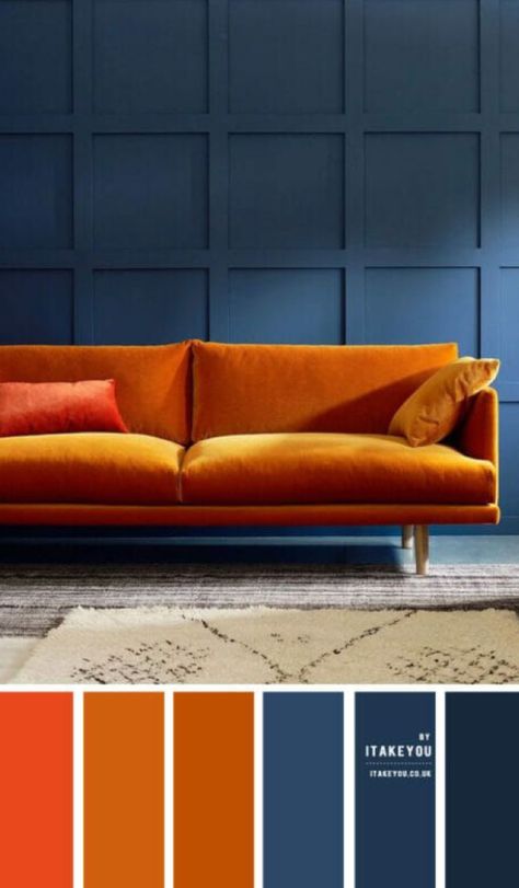 Rust Color Schemes, Burnt Orange Living Room, Copper Bedroom, Deco Orange, Orange Couch, Orange Sofa, Blue Gray Paint, Living Room Orange, Orange Interior