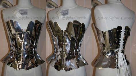 Chrome Corset Outfit, Plastic Corset, Futuristic Corset, Brace Ideas, Silver Underbust Corset, Chrome Corset, Silver Futuristic Fashion, Metal Corset, Metallic Corset