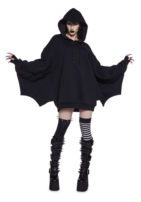 This pullover hoodie has a soft cotton construction with batwing arms, kangaroo front pockets, a hoodie with adjustable drawstrings, and an oversized fit. Bat Wing Hoodie, Halloween Outfit Ideas For Women, Bat Outfit, Dsmp Oc, Bird Outfit, Bat Hoodie, Baggy Hoodies, Bella Goth, Gothic Diy