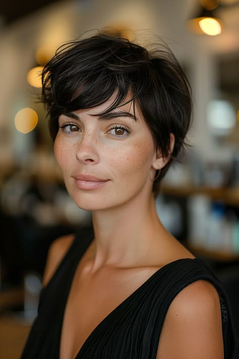 A woman with a textured jet black pixie haircut and a glossy finish. Short Haircuts On Women, Pixie Haircuts For Oval Faces, Pixie Cut For Straight Hair, Fairy Pixie Cut, Dark Hair Pixie Haircut, Pixie Cut Asian, Pixie Cut 2024, Short Feminine Hair, Pixie Haircut 2024