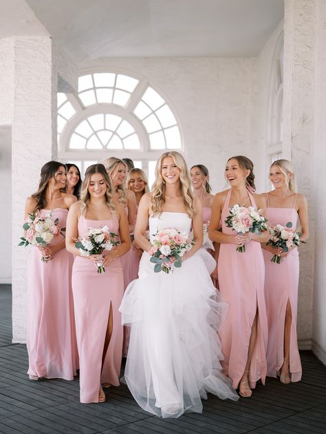 Bridesmaids Light Pink Dresses, Pink Accents Wedding, Wedding With Pink Color Schemes, Light Pink Wedding Theme Color Schemes, Light Pink Bridal Party, Unique Bridesmaid Dresses Classy, Bridesmaid Dresses Ideas Unique, Pink Wedding Bridesmaid Dress, Pink Western Wedding