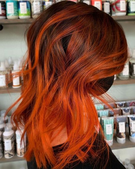 Orange Color Hair Ideas, Orange Hair Balayage, Orange Bayalage Hair, Orange Hair Ombre, Brown To Orange Ombre, Orange Balayage Hair, Orange Fall Hair, Brown Hair With Orange Highlights, Orange Highlights In Brown Hair