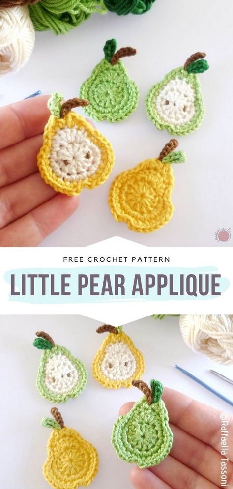 Little Pear Applique Free Crochet Pattern What a precious little applique! It looks as sweet as the pears taste. If you're trying to add spring vibes and fresh charm to your projects, try decorating them with these tiny ornaments. #crochetfruit #crochetpear #crochetapplique #freecrochetpattern Crochet Pear Fruit Pattern Free, Crochet Mini Fruit Free Pattern, Crochet Mini Applique, Crochet Shapes, Crochet Appliqué, Crochet Applique Patterns Free, Crochet Appliques, Fruit And Veggies, Micro Crochet