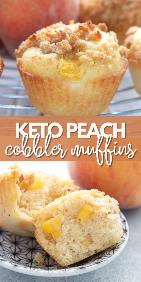 These delicious almond flour muffins are chockfull of juicy fresh peaches and have a delicious streusel crumb topping. It's the latest in a long line of delicious keto muffin recipes! Keto Peach Cobbler, Cobbler Muffins, Peach Cobbler Muffins, Keto Muffin Recipe, Almond Flour Muffins, Postre Keto, Low Carb Muffins, Low Carb Low Sugar, Carb Dinner