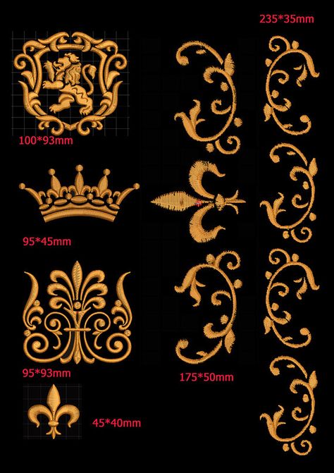 Royal set, lion, crown, ornamental design - Machine Embroidery designs set Royal Design Pattern, Royal Embroidery Design, Royal Pattern Design, Victorian Pattern Design, Royal Embroidery, Royal Drawing, Lion Crown, Crown Embroidery, Royal Decorations