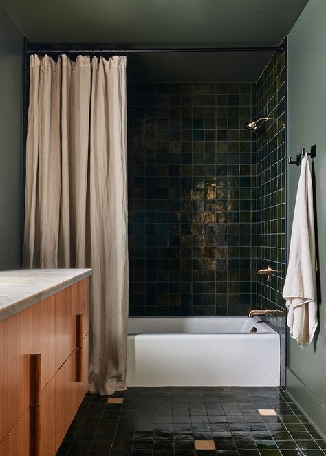 Forest Green Bathroom, Bathroom Planning, Dark Green Tile, Dark Green Bathrooms, Zia Tile, Green Tile Bathroom, Sarah Sherman, Beautiful Bathroom Designs, Dark Bathrooms