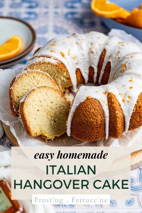 This Italian bundt cake recipe - called an Italian hangover cake - is moist and easy to make. The cake has undertones of bright orange and is topped with a zesty orange glaze on top. This is a copycat recipe from the Defazios restaurant in NY. Hangover Cake Recipe, Southern Hangover Cake, Italian Hangover Cake, Nothing Bundt Cakes Recipe Copycat, Amaretto Cake Recipe Easy, Italian Orange Ricotta Cake, Hangover Cake, Amaretto Glaze For Cake, Giada's Orange Olive Oil Cake