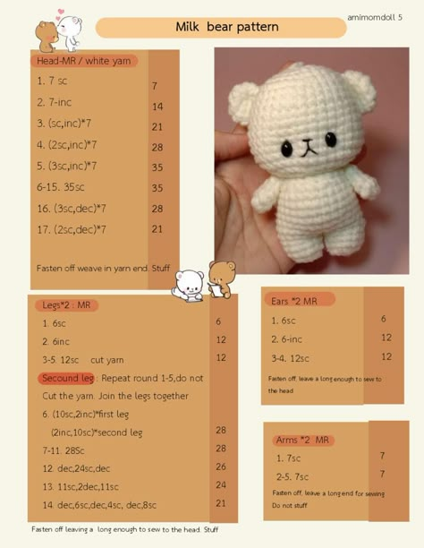 mocha bear milk bear pattern Milk And Mocha Bear Crochet Pattern, 1 Hour Amigurumi, Crochet Bear Amigurumi, Small Bear Crochet Free Pattern, How To Crochet A Bear, Cute Crochet Patterns Free Amigurumi, White Crochet Projects, Crochet Patterns Bear, Crochet Bear Pattern Free