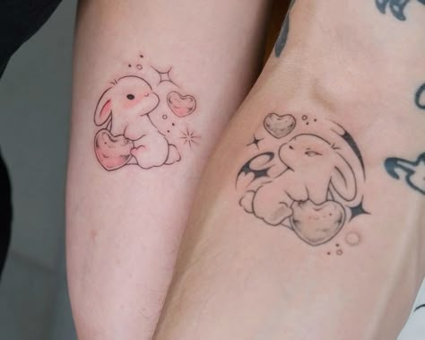 Aesthetic Tattoos For Couple, Small Cute Tattoos Matching, Couples Tattoos Anime, Matching Tattoos For Best Friends Hello Kitty, Tattoos For Your Partner, Asian Matching Tattoo, Matching Couple Tattoos Anime, Matching Gaming Tattoos, Matching Bunny Tattoos