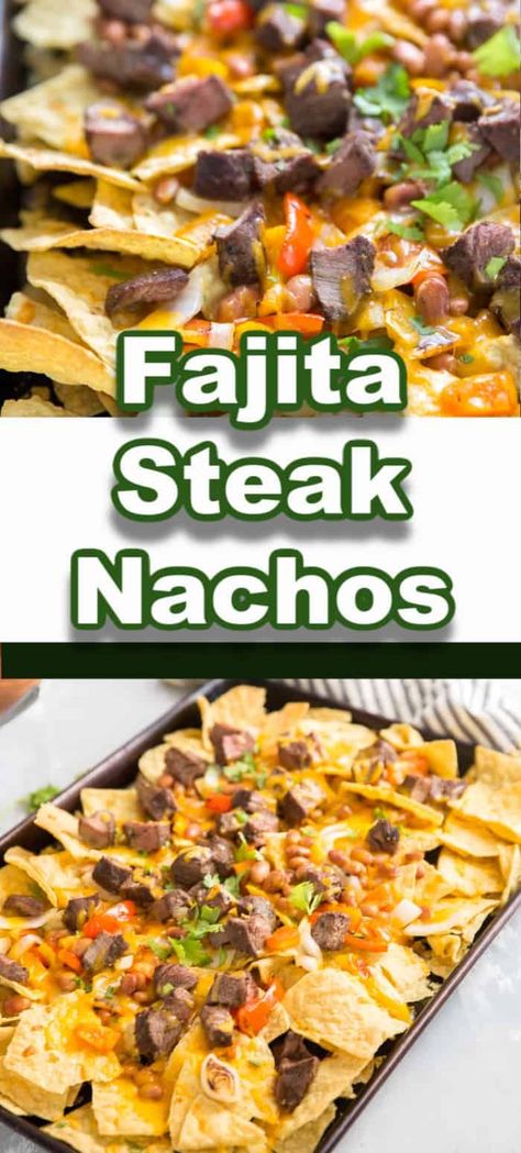 These steak nachos are piled high with nothing but good stuff! Chips, cheese, veggies, and beans make these steak nachos a game day (or dinner time) great! Snack food never tasted so good! Fajita Nachos Recipe, Fajita Steak, Steak Nachos, Nachos Recipe Easy, Awesome Appetizers, Skillet Recipes, Easy Party Food, Steak Fajitas, Nachos Recipe