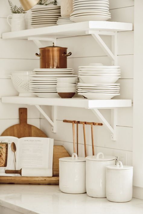 DIY Open Kitchen Shelving - Liz Marie Blog Kitchen Shelf Inspiration, Styling Open Kitchen Shelves, Open Kitchen Shelving, Kitchen Open Shelves, Diy Shelf Brackets, Shelf Inspiration, Kitchen Shelving, Liz Marie, Liz Marie Blog