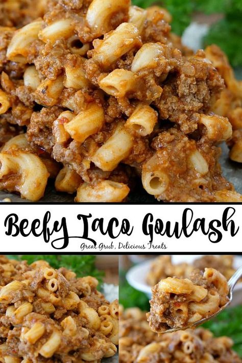 Beefy Taco Goulash is a delicious goulash recipe full of delicious flavor and loaded with ground beef, pasta and  cheese. #pastarecipes #beefrecipes #dinnerrecipes #easyrecipe #greatgrubdelicioustreats Taco Goulash, Classic Goulash Recipe, Pasta And Cheese, Easy Goulash Recipes, Goulash Recipe, Ground Beef Pasta, Pan Cooking, Goulash Recipes, Beef Pasta