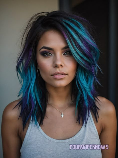 Medium Haircuts For Women 2024, Alternative Haircuts Medium, Cute Haircuts For Women, Blue And Purple Hair, Colorful Hair Ideas, Exotic Hair Color, Exotic Hairstyles, Vivid Hair, Vivid Hair Color