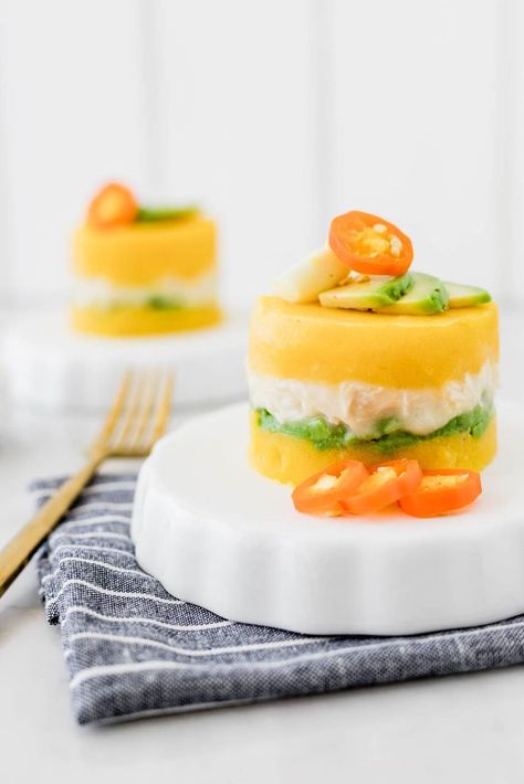 Peruvian "Causa" with Chicken | Cravings Journal Peruvian Causa, Guatemalan Desserts, American Comfort Food Recipes, Peruvian Dishes, Egg Avocado, South American Recipes, Dijon Chicken, Peruvian Food, Colombian Food