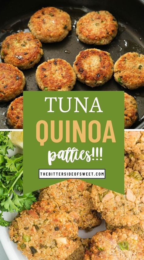 Tuna quinoa patties are a healthy and satisfying meal, packed with protein & fiber. Fried to golden perfection easy for a weeknight meal! Quinoa Tuna Patties, Tuna Prep Meals, Quinoa Patties Recipes, Tuna And Quinoa Recipes, Tuna Quinoa Salad, Tuna Meal Prep, Tuna And Quinoa, Quinoa Tuna Salad, Tuna Patties Healthy