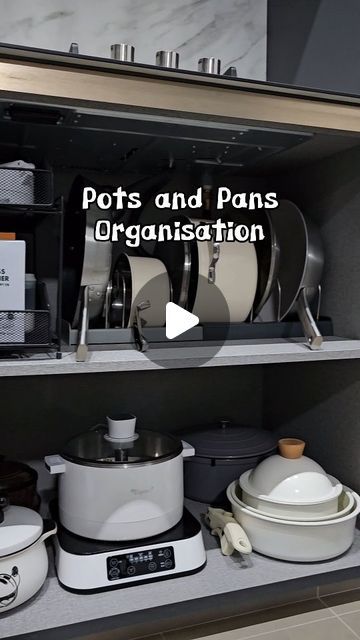 2,116 likes, 1,014 comments - home.swee.home on November 13, 2023: "Reorganising our pots and pans as we've just gotten a new set! This expandable rack with adjustable dividers allows me to customise the spacing for each cookware and also cater specific slots for their lids! I find that it helps to save space, and it's easier to retrieve each pot or pan individually as compared to stacking them. You can always readjust the spacing in the future if you were to change out your set of cookware 😊 Kitchen Rack For Pots And Pans, Pot And Pan Storage Ideas, Pan Storage Ideas, Pots And Pans Storage, Cookware Organization, Pan Storage, Pan Organization, Organisation Hacks, Kitchen Pot