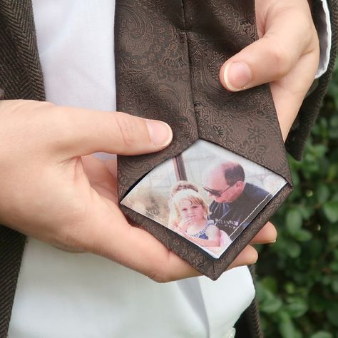 On your wedding day, remind your dad what a cute little critter you were with this custom father of the bride tie patch. This photo tie patch is the most personal and touching keepsake for the father of the bride. Your family photo will be printed onto white cotton. The tie label is a diamond shaped patch with hemmed edges.These hemmed cotton labels can be sewn in by the seamstress doing your dress alterations. It only takes a little hand sewing, so a family member could do it as well.After purc Gift For Him On Wedding Day, Father Of Bride Tie Patch, Groom Personalized Gifts, Tie For Dad On Wedding Day, Tie For Father Of The Bride, Memory Of Father At Wedding, Picture In Tie Wedding, Father Of The Bride Tie Patch, Photo Tie Patch