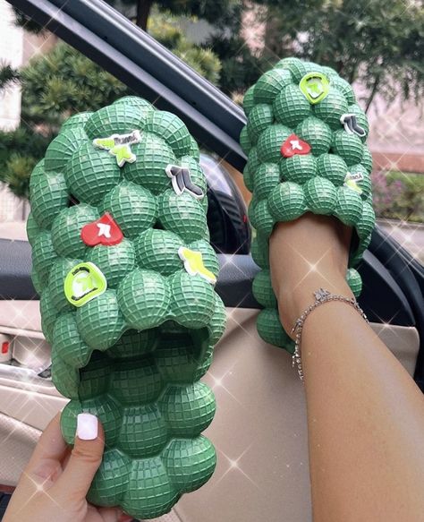 bubble slides, bubble slippers, style, outfits, fashion, cute, cool, tiktok, amazon finds, shoes Green Bubble Slides, Bubble Shoes, Reflexology Sandals, Bubble Slides, Birthday Fit, Spa Slippers, Letter Decor, Green Bubble, Bedroom Slippers