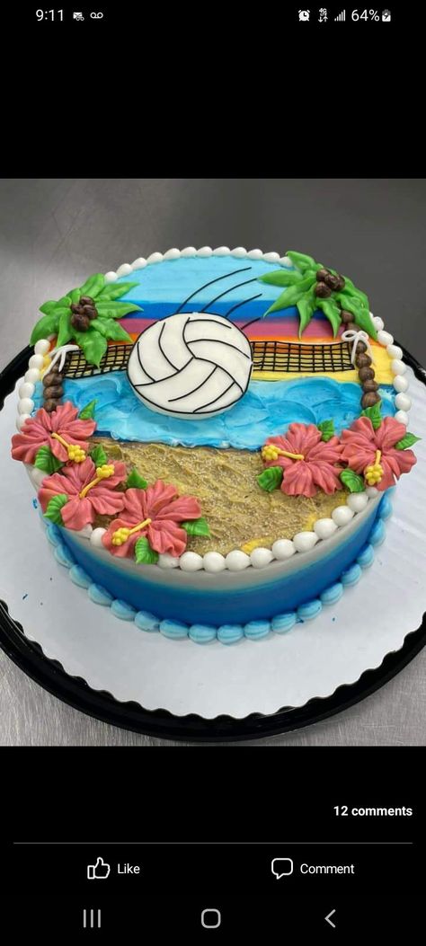 8 Inch Round Cake Design, Volleyball Themed Cake, Cake Piping Designs, 8 Inch Cake, Cookie Cake Designs, Cake Piping, Sport Cakes, Beach Cakes, Creative Cake Decorating