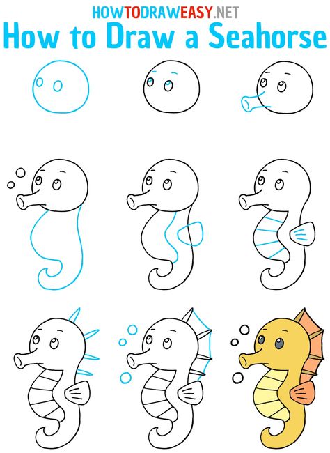 Draw Seahorse Easy, Under The Sea Animals Drawings, How To Draw Sea Turtle Step By Step, How To Draw A Seahorse Step By Step, How To Draw Seahorse, How To Draw A Starfish, How To Draw A Seahorse, How To Draw Ocean Animals, How To Draw Sea Animals