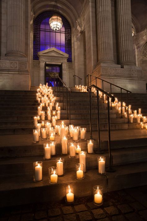 Staircase Candles, New York Public Library Wedding, Candlelit Wedding Ceremony, Entrance Steps, Public Library Wedding, New York Library, Candlelit Wedding, Ivory Pillar Candles, Library Wedding